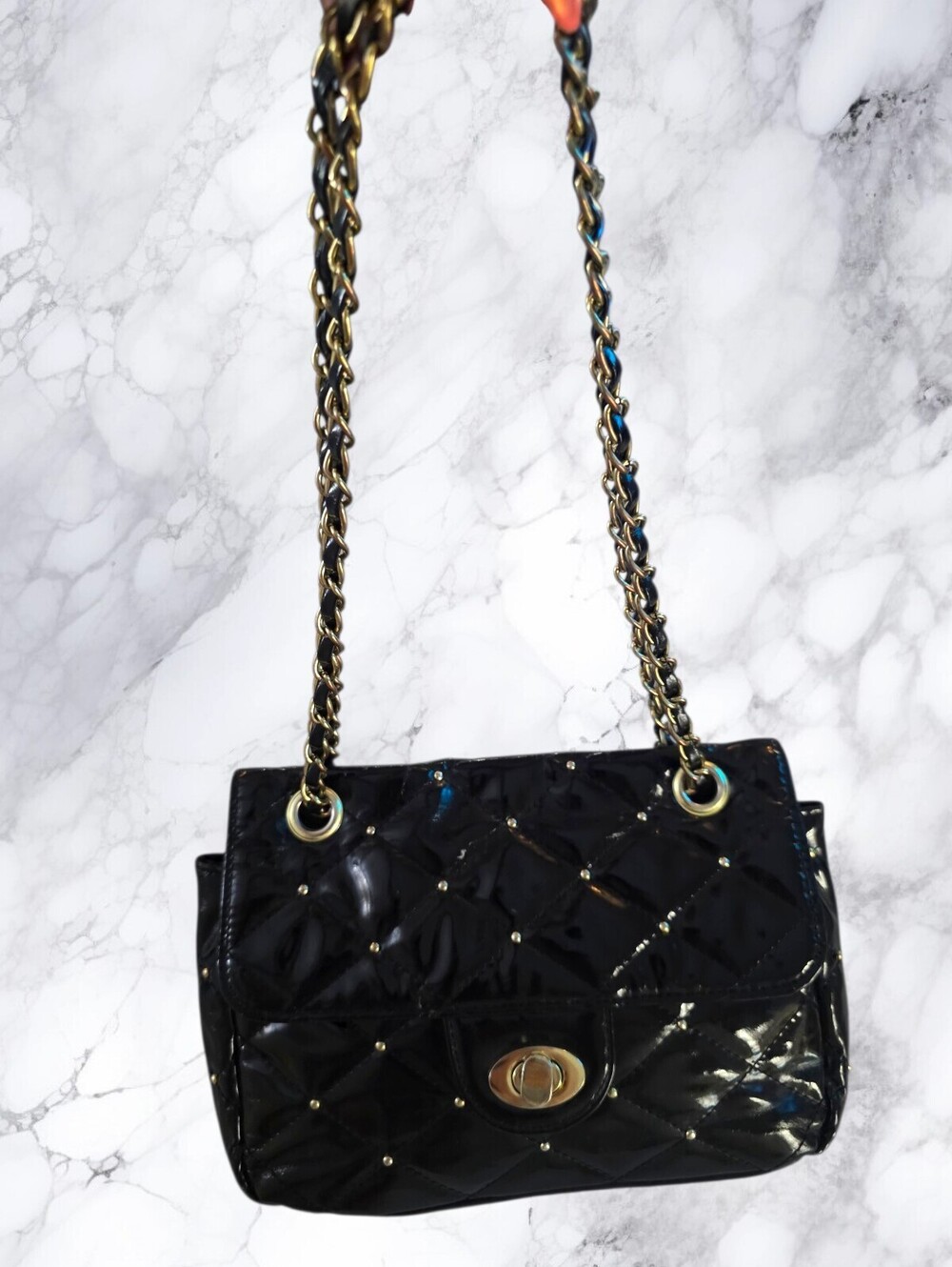 BUENO Black Patent Vegan Leather Quilted Studded Chain Crossbody Shoulder Bag